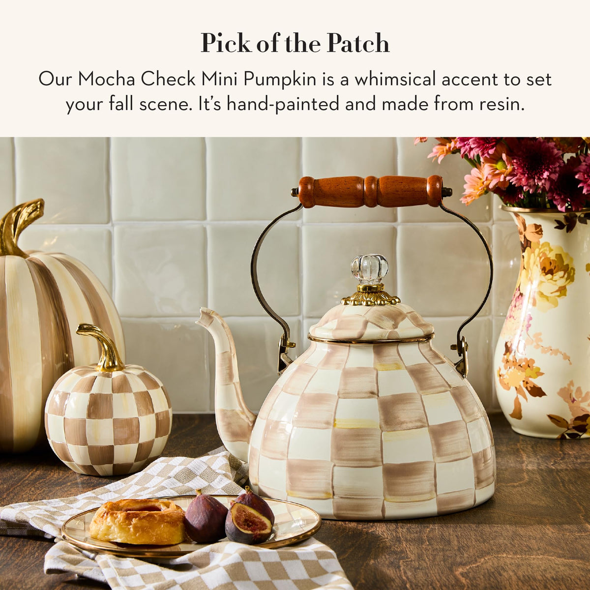 MACKENZIE-CHILDS Resin Pumpkin, Mini, Brown-and-White Mocha Check